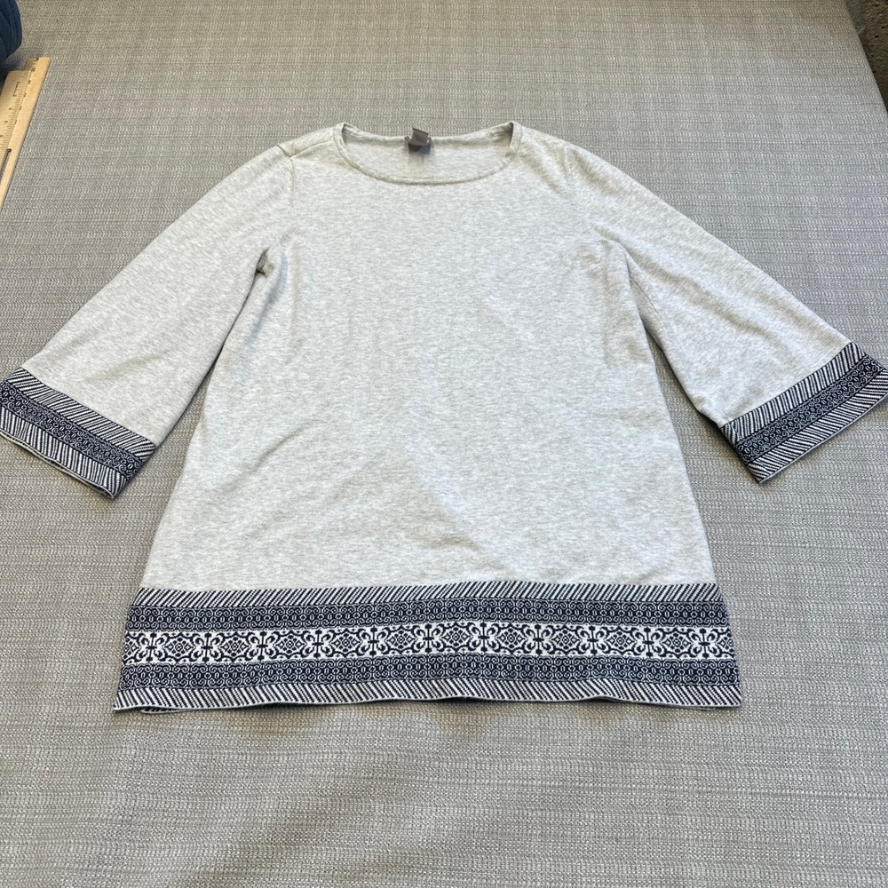 Chico's Gray Border Print‎ Tunic Top 0 / Small Stretch Knit 3/4 Sleeve Boho